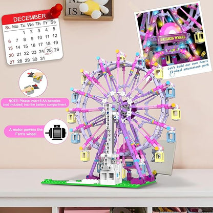 Motorized Ferris Wheel Building Set with Fairy Lights, 813 Piece Creative Toy Building Kit for Two-Way Rotation, Ideal Carnival Construction Kit for Kids Ages 6-12, Engaging Gift for jr Builder