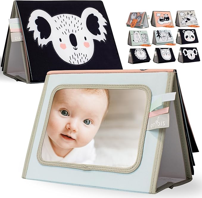 Soft Tummy Time Book w/ Large Stimulating Baby Safe Mirror - Fun High Contrast Montessori Toy w/ Mirror, Crinkle Filling & Silicone Teether