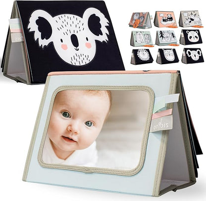 Soft Tummy Time Book w/ Large Stimulating Baby Safe Mirror - Fun High Contrast Montessori Toy w/ Mirror, Crinkle Filling & Silicone Teether