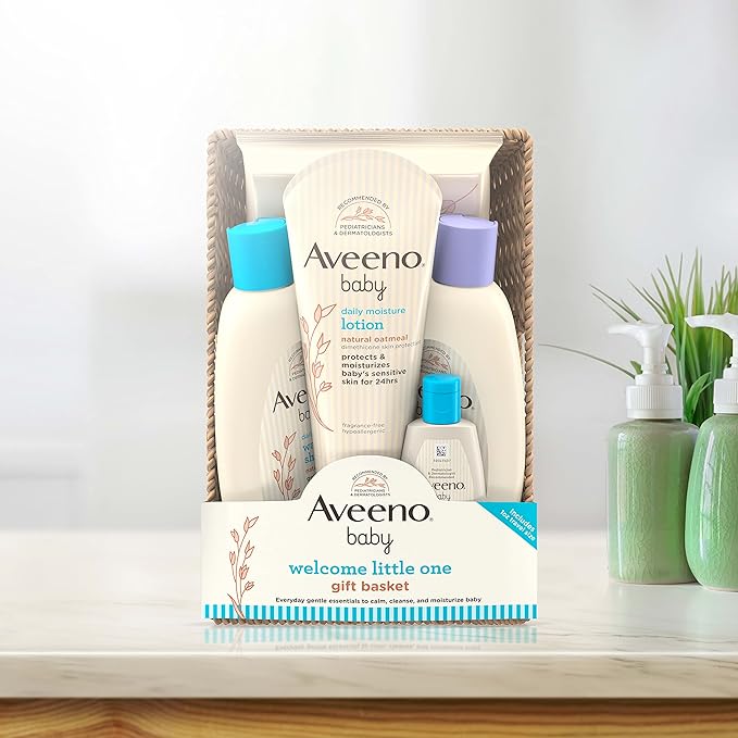 Aveeno Baby Welcome Little One Gift Basket, Baby Skincare Set with Baby Body Wash & Shampoo 5 Items