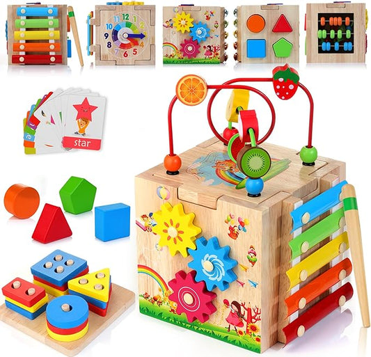 HELLOWOOD Wooden Baby Activity Cube, 8-in-1 Montessori Toys for 1+ Year Old Girls & Boys 1-3, 1st
