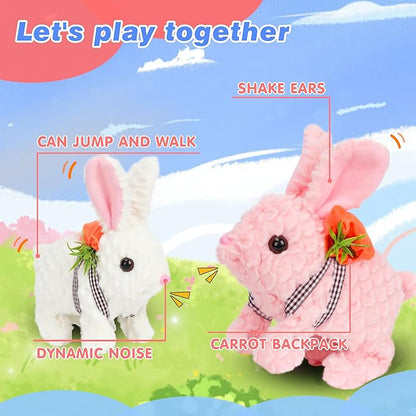 Hopearl Hopping Rabbit with LED Ears Carrot Backpack Interactive Plush Bunny Toy with Sounds Animated Walking Wiggle Light up Ears Twitch Nose Gift for Toddlers, White 7''
