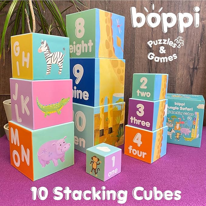 Baby Stacking Blocks Jungle Safari Animal Toys with Letters and Numbers, Montessori Cubes for Toddlers