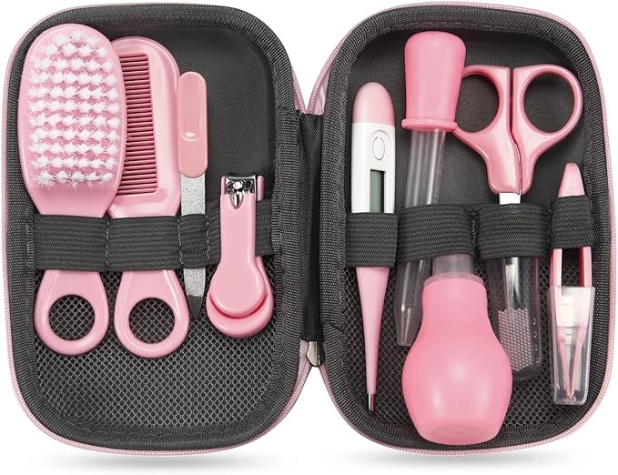 PandaEar Baby Healthcare and Grooming Kit, Baby Safety Set Baby Comb, Brush, Finger Toothbrush, Nail Clippers, Scissors, Nasal Aspirator, Baby Essentials Nursery Care Kit (Pink)
