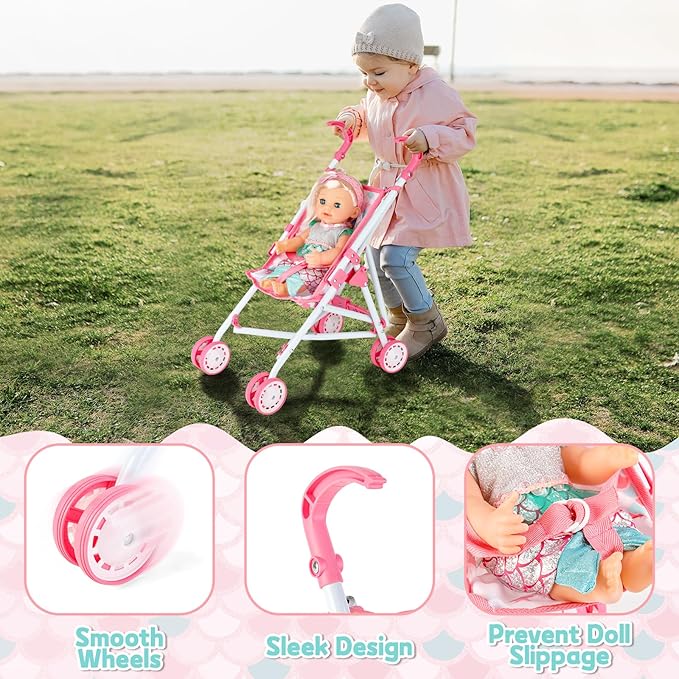 deAO Baby Doll Stroller Crib Bed Nursery Role Play Set Baby Doll Accessories and Play Mat,Travel Cot