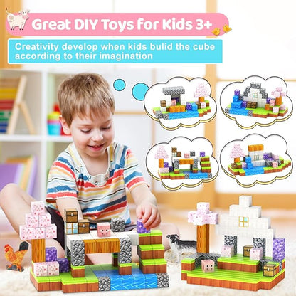 Magnetic Blocks 110PCS with 6 Animal Toys, Building Blocks Set, Toys for Boys & Girls Age 4-6,6-8, STEM Montessori Stacking Building Toys for Toddlers Kids 3+(Cherry & Animal)