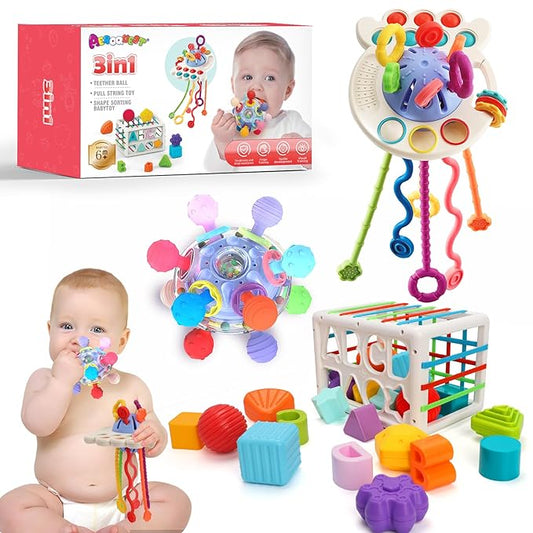 3 in 1 Montessori Toys for Baby 0-3-6-9-12 Months, Pull String Baby Teething Toys 6-12-18 Months