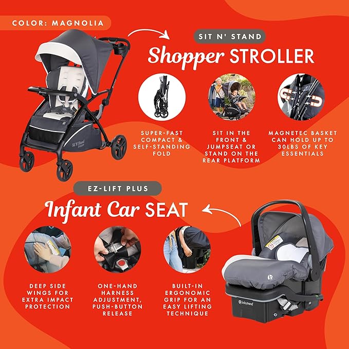 Baby Trend Sit N' Stand 5-in-1 Shopper Stroller w/Canopy & Storage Basket & EZ-Lift Plus Lightweight Infant Car Seat w/Cozy Cover & Base, Magnolia