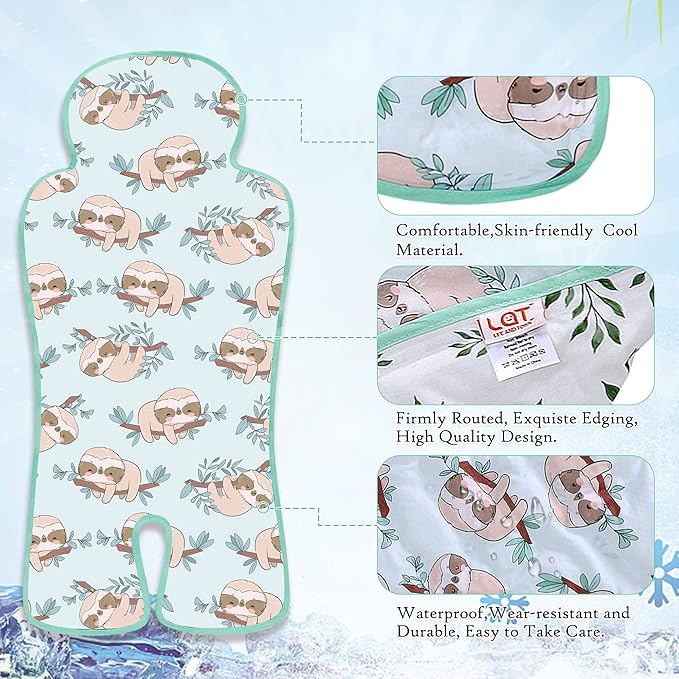 Gel Car Seat Cooler Pad,1 Pack Double Sides-Universal Baby Stroller Ice Cushion Cooler Mat,Summer Cooling Seat Liner,Multifunctional Suitable for Baby Dining Chair,Child Safety Seat(Sloth + Leaves)