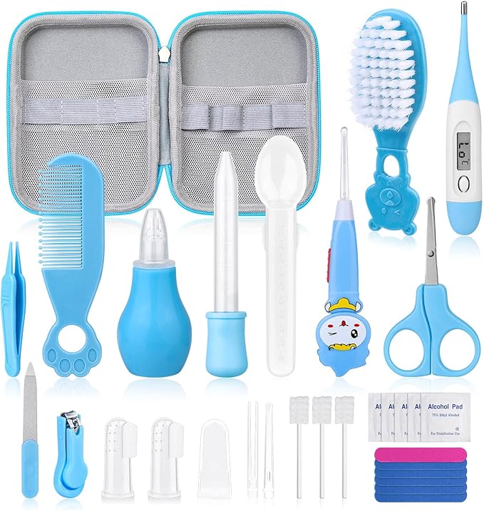 28Pcs Baby Healthcare and Grooming Kit modacraft Baby Safety Set with Hair Brush Lighting Ear Cleaner Nail Clippers Scale Measuring Spoon for Nursery Newborn Baby Girls Boys Kids Blue