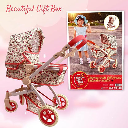 Convertible Combo Baby Doll Stroller for 3 Year Old Girls & Up | Play Toy Baby Stroller for Dolls, Folding Adjustable Bassinet Carriage Buggy with Storage Basket Converts to Sit Up Pushcart Pram