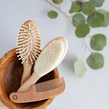 Wooden Hair Brush Set - Premium Baby Comb and Brush - Soft Natural Bristles - Organic Products - Perfect Registry Gift - Cradle Cap Brush for Newborns & Toddlers