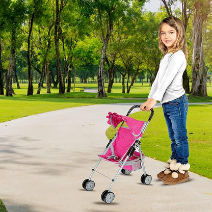 fash n kolor Doll Stroller with Basket, My First Denim Pink Foldable Baby Doll Umbrella Doll Stroller Fits Upto 18" Dolls 2 Free