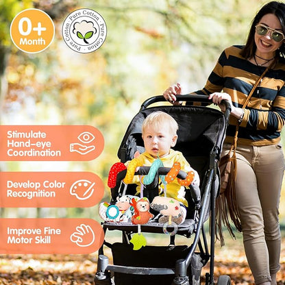 XIXILAND Car Seat Toys for Babies 0-6 Months Boy Girl Carseat Toys Hanging Spiral Stroller Toys, Infant Toys Baby Toys 0-6 Months Newborn Toys 0 3 Months Brain Development with Mirror Teether Rattle