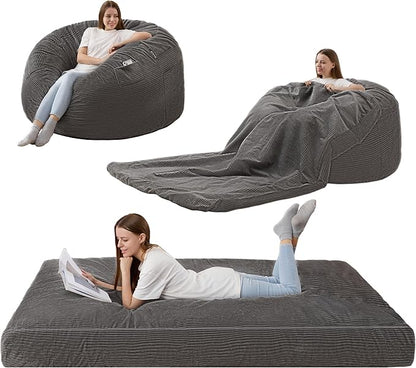 Homguava Corduroy Bean Bag Chair, Variable Shape from Bean Bag to Matress, Convertible Beanbag Chair for Home, Living Room(Grey, Queen)