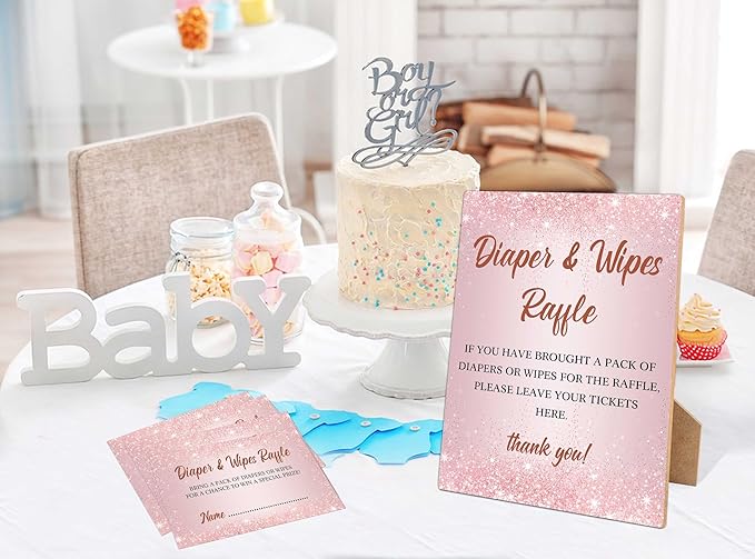 Diapers Wipes Raffle, Pink Diaper Raffle Tickets for Baby Shower 1 Wooden 50 Diaper