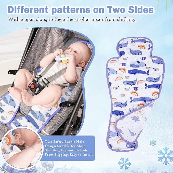 Gel Car Seat Cooler Pad,1 Pack Double Sides-Universal Baby Stroller Ice Cushion Mat,Summer Cooling Seat Liner,Multifunctional Suitable for Baby Dining Chair,Child Safety Seat(Whale + Blue Dinosaur)