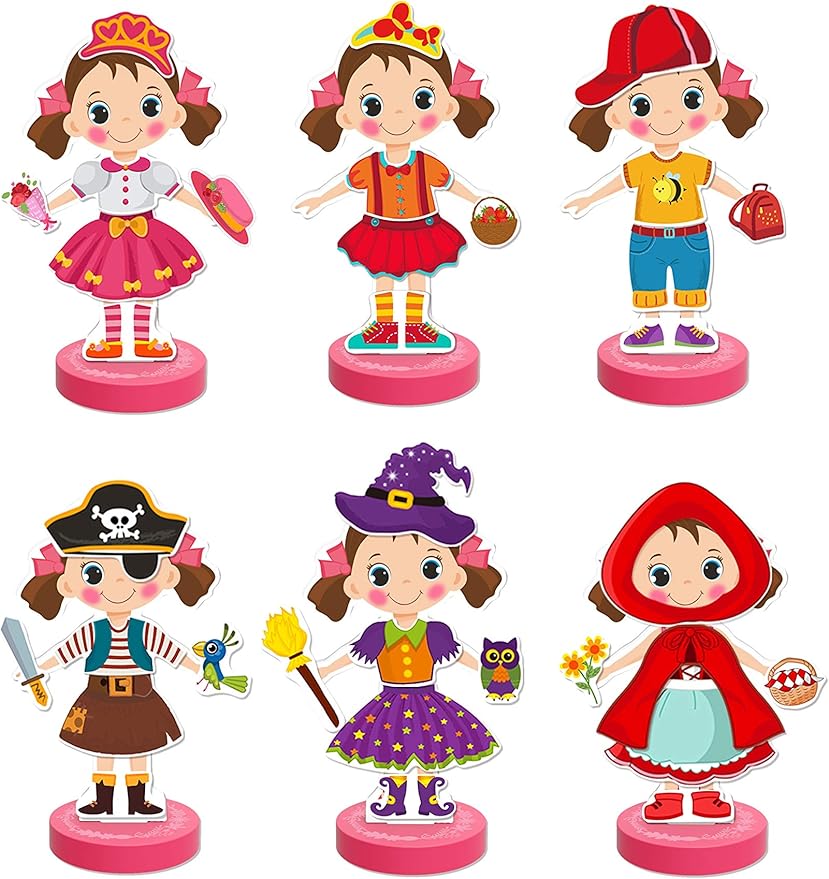 Magnetic Wooden Dress-Up Dolls Toy | Pretend Play Set Includes: 1 Wood Doll with 30 Assorted Costume Dress Ideas 3+