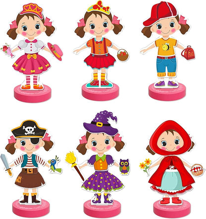 Magnetic Wooden Dress-Up Dolls Toy | Pretend Play Set Includes: 1 Wood Doll with 30 Assorted Costume Dress Ideas 3+