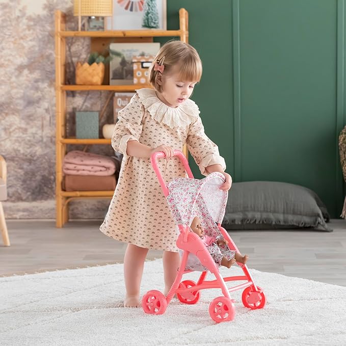 Corolle Baby Doll Stroller with Folding Canopy - Mon Premier Poupon Accessory Fits 12" Dolls, Pink/Floral Pattern 18 Months