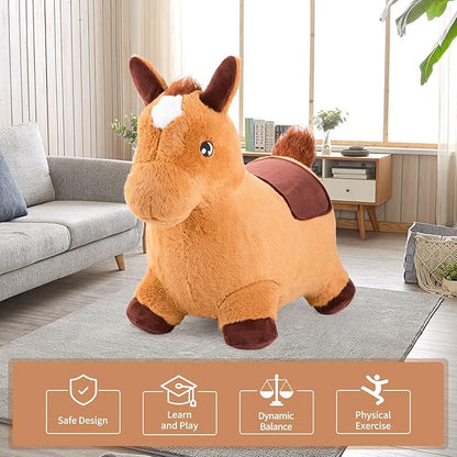 INPANY Bouncy Horse for Toddlers - Plush Brown Bouncing Horse Hopper, Ride on Animal Toys for Girls Boys