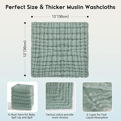 Muslin Baby Washcloths 6 Pack, 100% Cotton Wash Cloths for Babies, Large 12''X12'' Burp Cloths Absorbent and Soft for Newborn Infants Kids Boys Girls - Dark Green