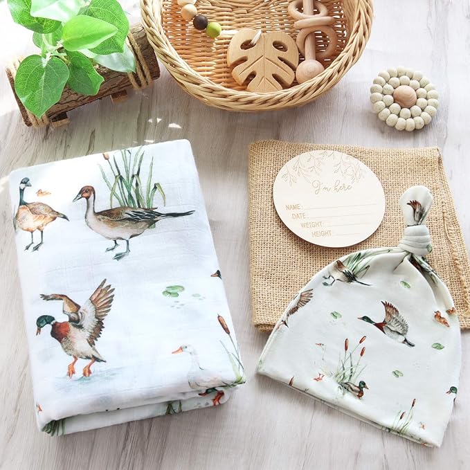 LifeTree Muslin Swaddle Blankets, Muslin Baby Boy Swaddle Blanket and Hat Set with Birth Announcement Card, Newborn Unisex Receiving Blankets Mallard Duck