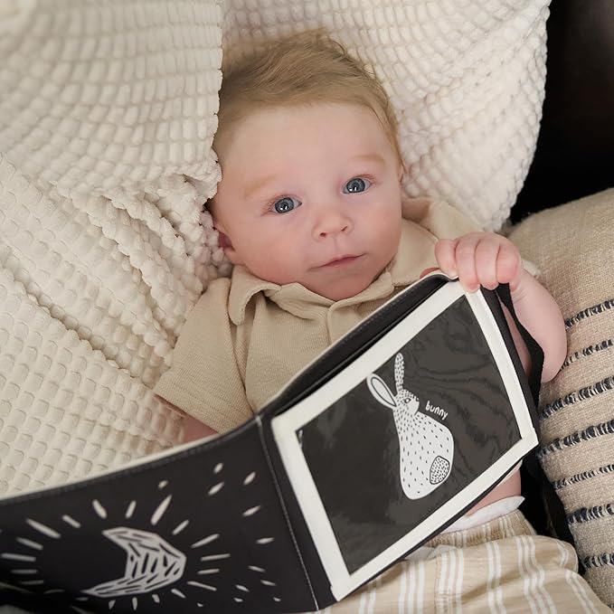Soft Tummy Time Book w/ Stimulating Baby Safe Mirror - Fun Black and White Montessori Toy w/ Crinkle Filling & 20 High Contrast Designs