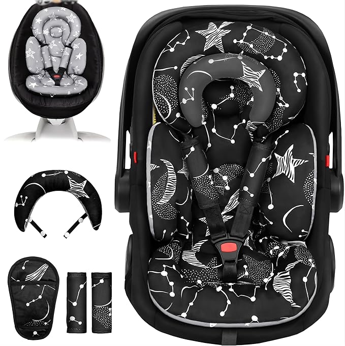 Infant Car Seat Insert with Extra Cushion for Preemie to Infants, Reversible Newborn Carseat Insert Head Support, Fits for Stroller, Baby Swing, Rocker, Bassinets, Pushchair (Black Star)