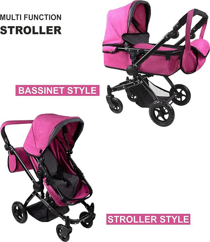 Fash n Kolor Baby Doll Stroller My First Foldable Doll Stroller in Denim Hot Pink Design, Bassinet Stroller with Baby Doll Adjustable Handle