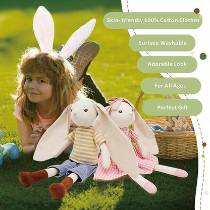 15" Bunny Stuffed Animal for Girls, Plush Toy Doll -Wearing Pink Plaid Dress 3 4 5 Year