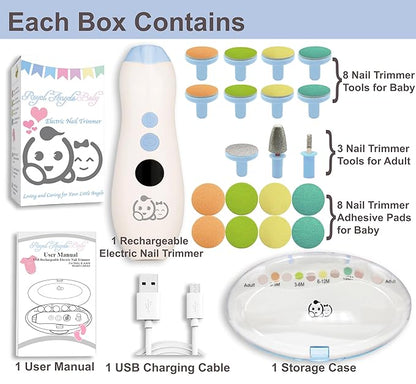 Rechargeable 22 in 1 Baby Nail Trimmer, Usage Labeled Case, 13 Extra Replacement Tools, Royal Angels Electric Nail File with LCD display, Newborn Toddler Nail Care Clipper Kit (Rechargeable,WhiteBlue)