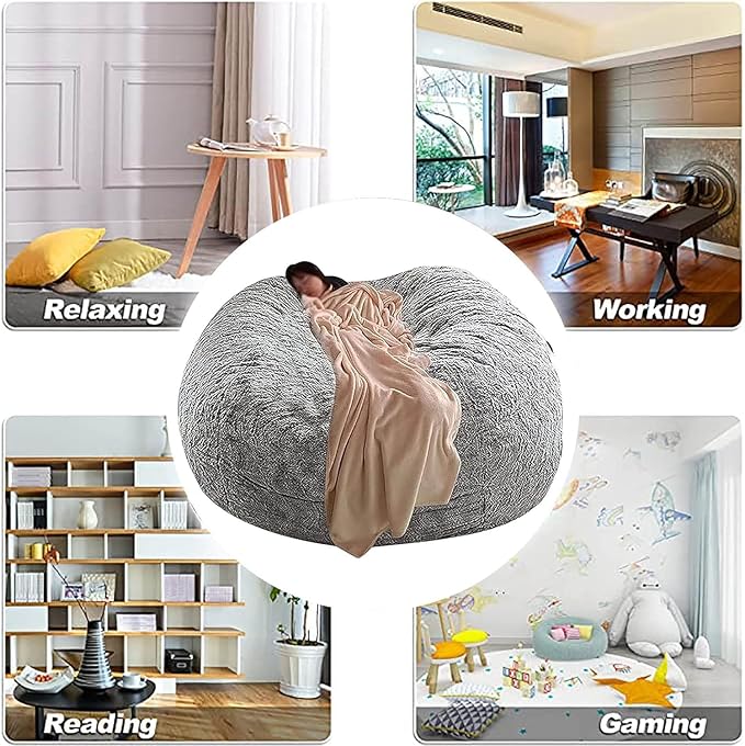DELADOLA Bean Bag Cover(NO Filler,Cover ONLY) Big Bean Bag Storage Chair Bean Bag Sofa Chair Soft Fluffy Fur Portable Living Room Sofa Bed Cover (Snow Gray, 6FT)
