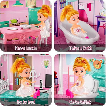 TEMI Villa Toys for 3 4 5 6 7 8 Years Old Girls - 4 Storeys 12 Rooms, Indoor Playset with 2 Dolls Toy Figures, Toys Furniture and Accessories, Pretend Girls Plays, Building Toys, Gifts Toy