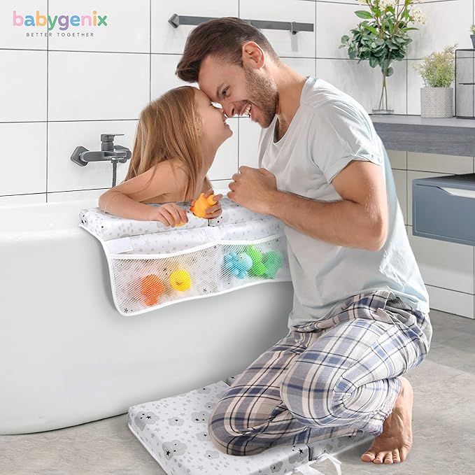 Includes All Shown Bath Kneeler & Elbow Rest Pad Set- 1.75" Thick Bathtub Kneeler Mat & Arm Rest with 4 Pockets for Bathing Baby, 5 Bath Toys