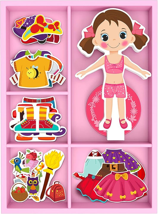 Magnetic Wooden Dress-Up Dolls Toy | Pretend Play Set Includes: 1 Wood Doll with 30 Assorted Costume Dress Ideas 3+