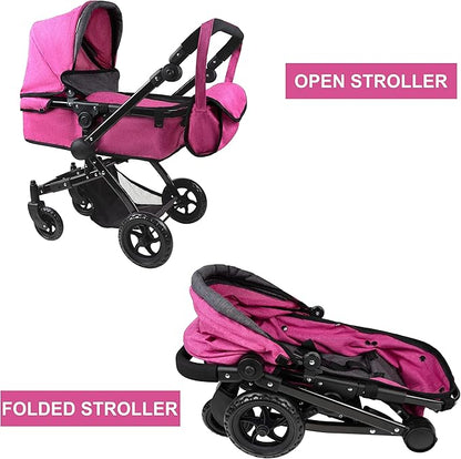 Fash n Kolor Baby Doll Stroller My First Foldable Doll Stroller in Denim Hot Pink Design, Bassinet Stroller with Baby Doll Adjustable Handle