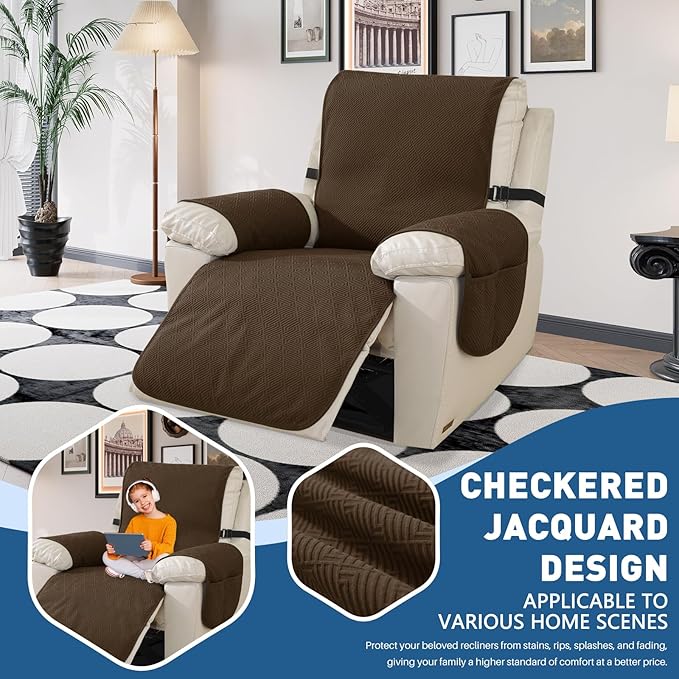 Easehomey Waterproof Large Recliner Chair Cover, Non-Slip Recliner Cover with Two Pockets Elastic Band Slip Covers for Recliners with Arms Washable Reclining Chair Cover for Kids,Pets (Coffee, 28")