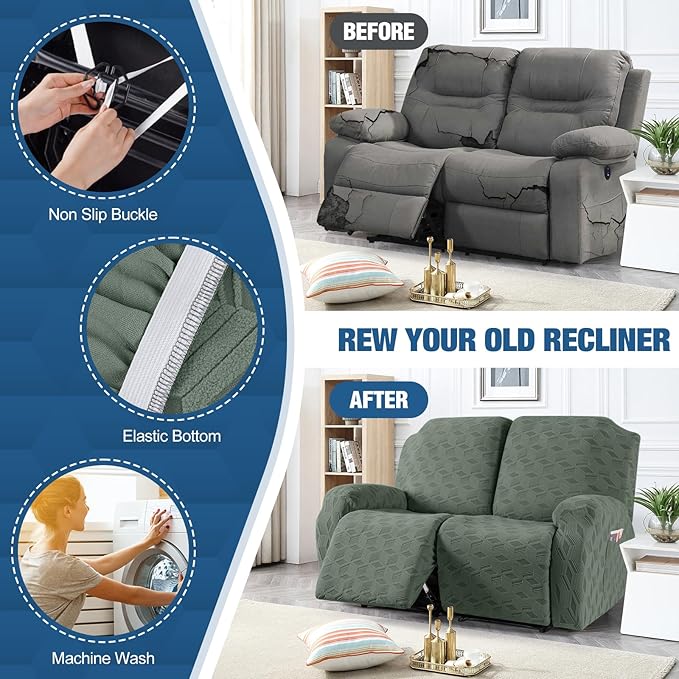 TAOCOCO Recliner Loveseat Cover, Stretch Jacquard Reclining Loveseat Cover Furniture Protector Sofa Slipcovers 2 Seat Recliner Covers with Elastic Bottom for Kids, Pets (Grey Green)