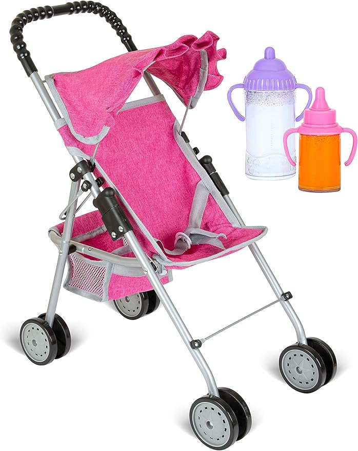fash n kolor Doll Stroller with Basket, My First Denim Pink Foldable Baby Doll Umbrella Doll Stroller Fits Upto 18" Dolls 2 Free