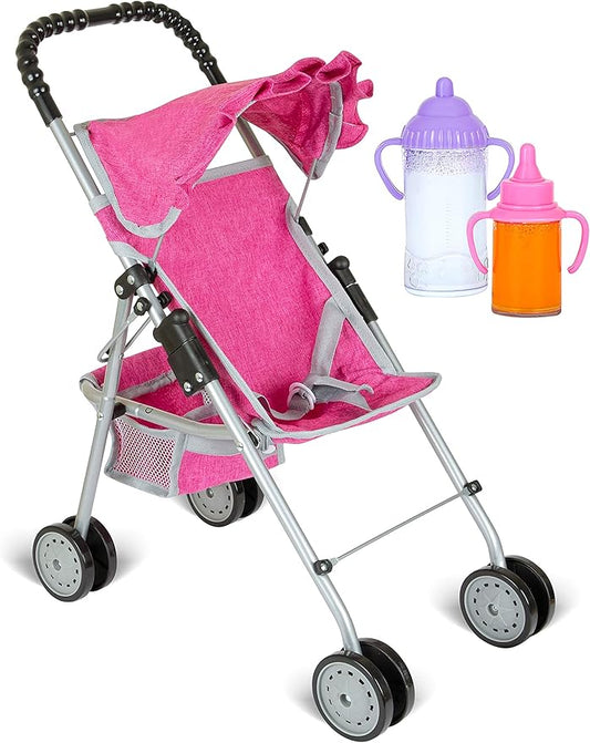 fash n kolor Doll Stroller with Basket, My First Denim Pink Foldable Baby Doll Umbrella Doll Stroller Fits Upto 18" Dolls 2 Free