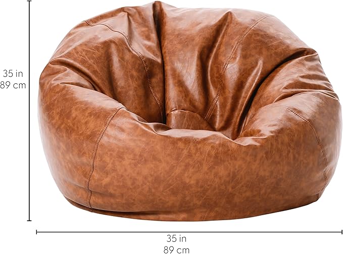 Factory Direct Partners 35" Rustic Western Bean Bag Chair; Distressed Faux Leather, Low to Ground for Reading, Playing Video Games and Relaxing; Flex Seating for Home and School - Hazelnut, 10478-322