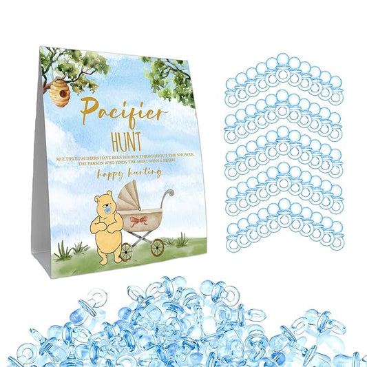 Winnie Pacifiers Hunt for Baby Shower Game, Mini Pacifiers Baby Shower Game Set 50Pcs Blue 8 * 10IN