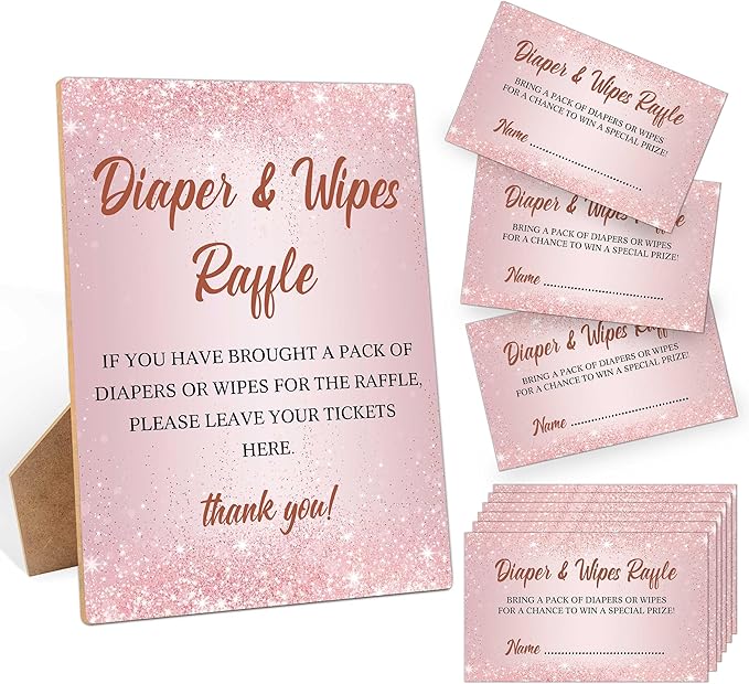 Diapers Wipes Raffle, Pink Diaper Raffle Tickets for Baby Shower 1 Wooden 50 Diaper