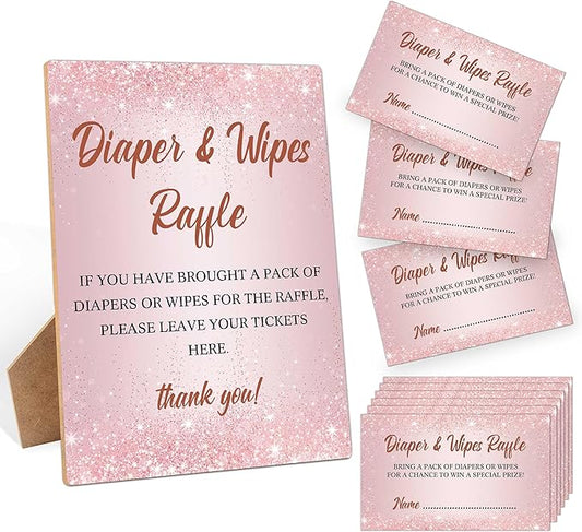 Diapers Wipes Raffle, Pink Diaper Raffle Tickets for Baby Shower 1 Wooden 50 Diaper