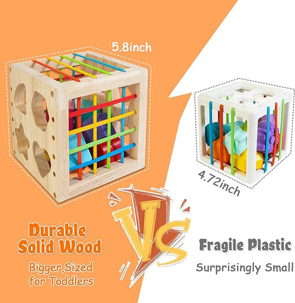 HELLOWOOD Montessori Toys for 1+ Year Old, Wooden Sorter Cube with 8pcs Rattling Shapes