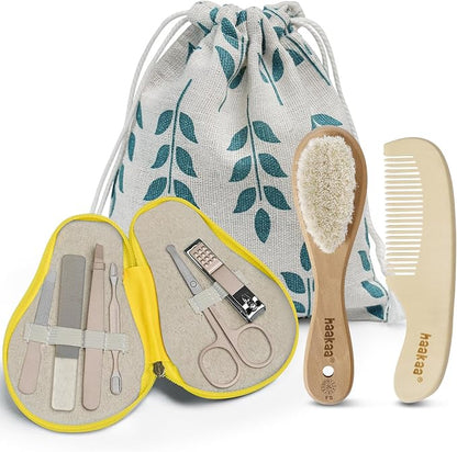 haakaa Baby Hair Brush and Comb Set & Pear-FECT Manicure Kit for Newborns & Toddlers, Natural Soft Goat Bristles and Wooden Handle, Baby Healthcare and Grooming Kit, Baby Nail Clippers, Lemon