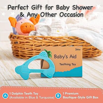 Baby’s Aid Dolphin Silicone Baby Teether, Easy to Hold Teething Toy for Pain Relief 3+ Months, 8X Teething