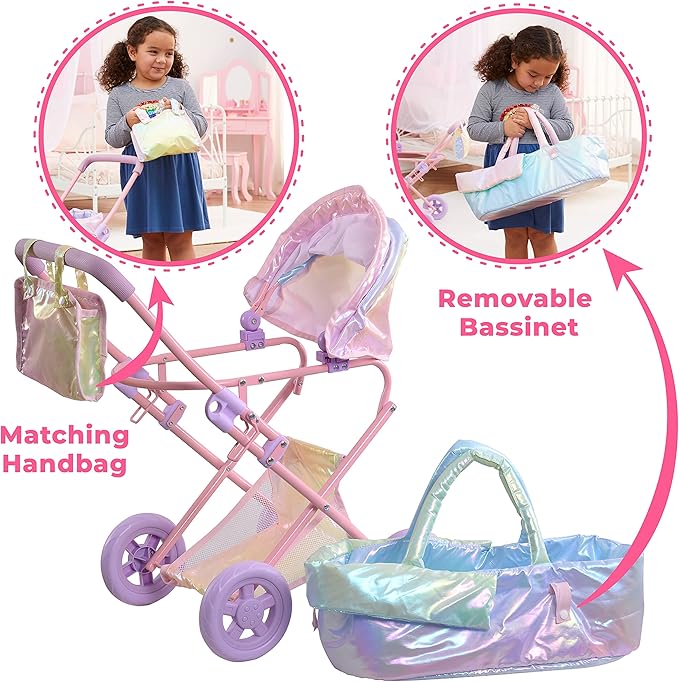Olivia’s Little World - Baby Doll Bassinet Stroller, Baby Doll Pram Stroller Buggy for 3 Year Old Girls Toddlers 2 in 1 Deluxe 16" Dolls,