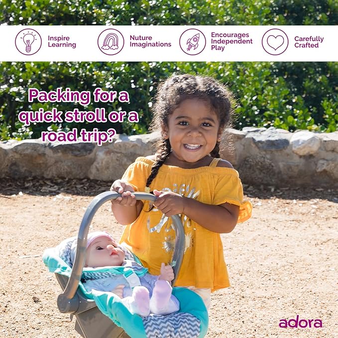 Adora Baby Doll Car Seat Carrier with Removable Seat Cover - Machine Washable, Fits Most Dolls & Plush Animals Up To 20” 2+ -